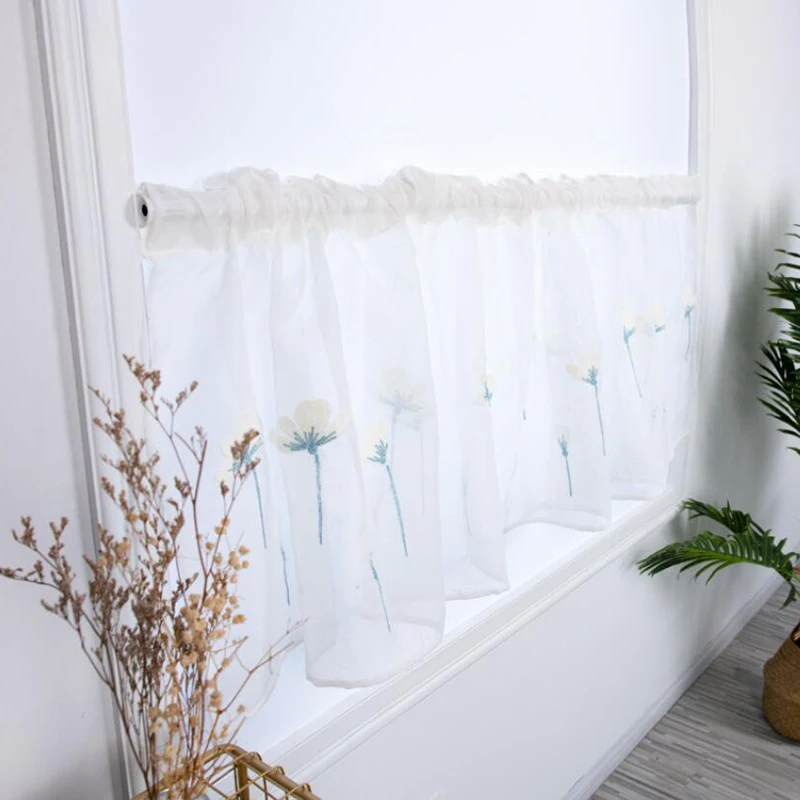 

1Piece Embroidered Flower Roman Curtain Valance Decorative Tulle Curtain Kitchen Cafe Window Curtain for Dining Room 100*50CM