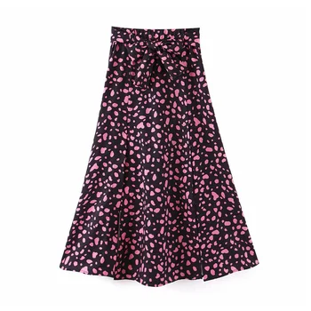 

Women vogue print long skirt bow tie sashes side zipper high split A line skirts party casual skirts mujer