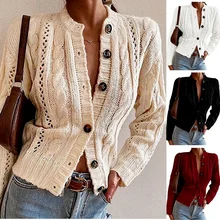 Autumn and Winter New Fashion Women's Long-sleeved Knitted Cardigan Simple Semi-high Collar Solid Color Casual Sweater Coat