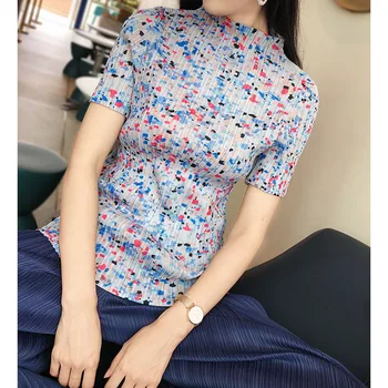 

Pleated Shirt Short Sleeve Large Size Slimming Printed T-shirt Summer 2020 New Women's Small Shirt