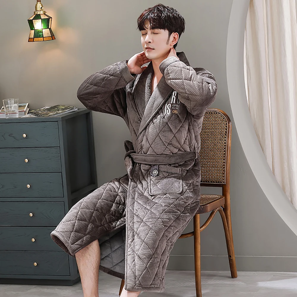 mens pajama pants Winter Men's Bathrobe Terry Robe 3-layer Flannel Super Thick Warm Dressing Gown Luxury Solid Plaid Long Robe For Man Towel Towel mens silk pajamas short set Men's Sleep & Lounge