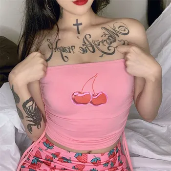 

2020 Summer Cherry Print Tube Top Drawstring Strap Wrap Top Soutien Gorge Bandeau Staniki Damskie Ropa Interior Mujer Fashion