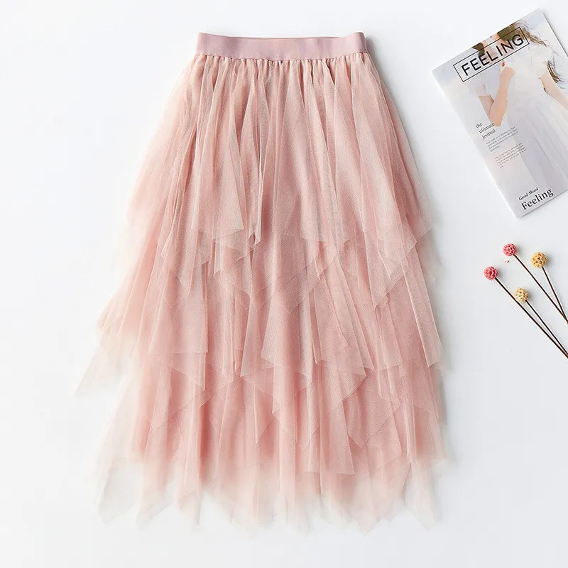 Осенне-летняя юбка с завышенной талией, нестандартная ретро юбка для женщин,, Корейская сетка, марля, плиссированные длинные сексуальные юбки для женщин, юбка миди - Цвет: Розовый