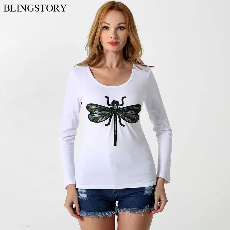 

BLINGSTORY Embroidery Dargonfly Women T Shirt Long Sleeve Tops Autumn Tee Slim Plus Size Cotton Basic Tshirt S-6XL