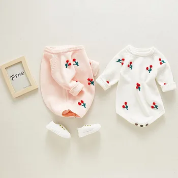 

Baby Girl Floral Outfit Clothes Ins Spring Style 2020 Baby Cherry Rompers Newborn Pink Sweet Long Sleeve Knitted Wool Jumpsuits