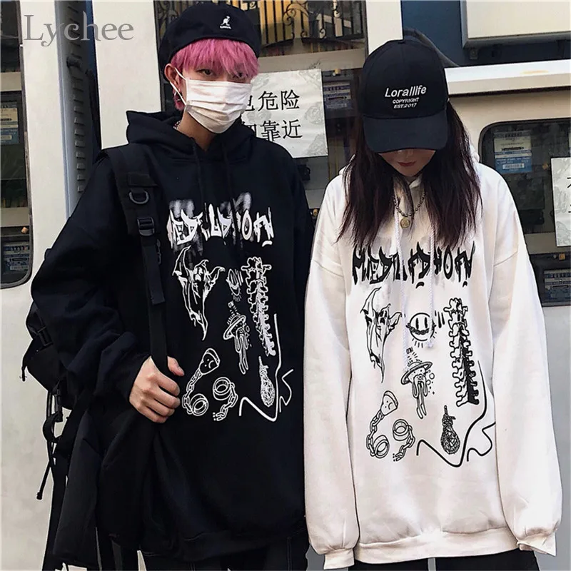 Harajuku Свободные женские Флисовые толстовки пуловер с надписью граффити Для женщин на флисе с капюшоном; Свитшот осень дамские свитшоты Топы