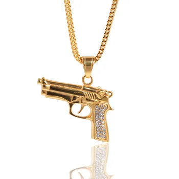 

Hip Hop Mens Ice Zircon Flash Rhinestone Pistol Pendant Necklace 3mm * 18" Stainless Steel Personality Creative Jewelry Necklace