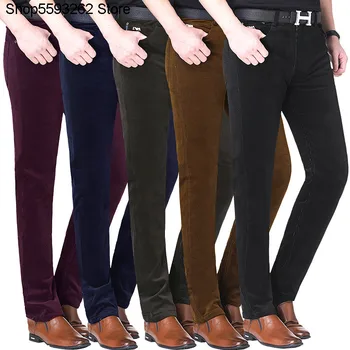 

Corduroy Male Pants Green Middle Age Article Velvet Pants Thick Business Straight Cylinder Middle Waist Leisure Pants Male