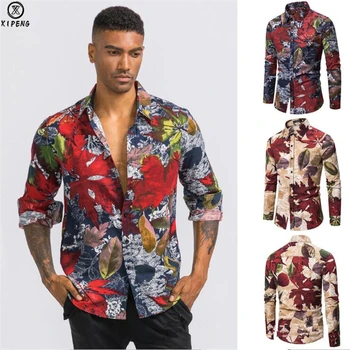 

Hawaiian Shirt Mens Autumn Ethnic Long Sleeve Shirt Casual Cotton Linen Printing Shirt Tops streetwear Blouse camisa masculina