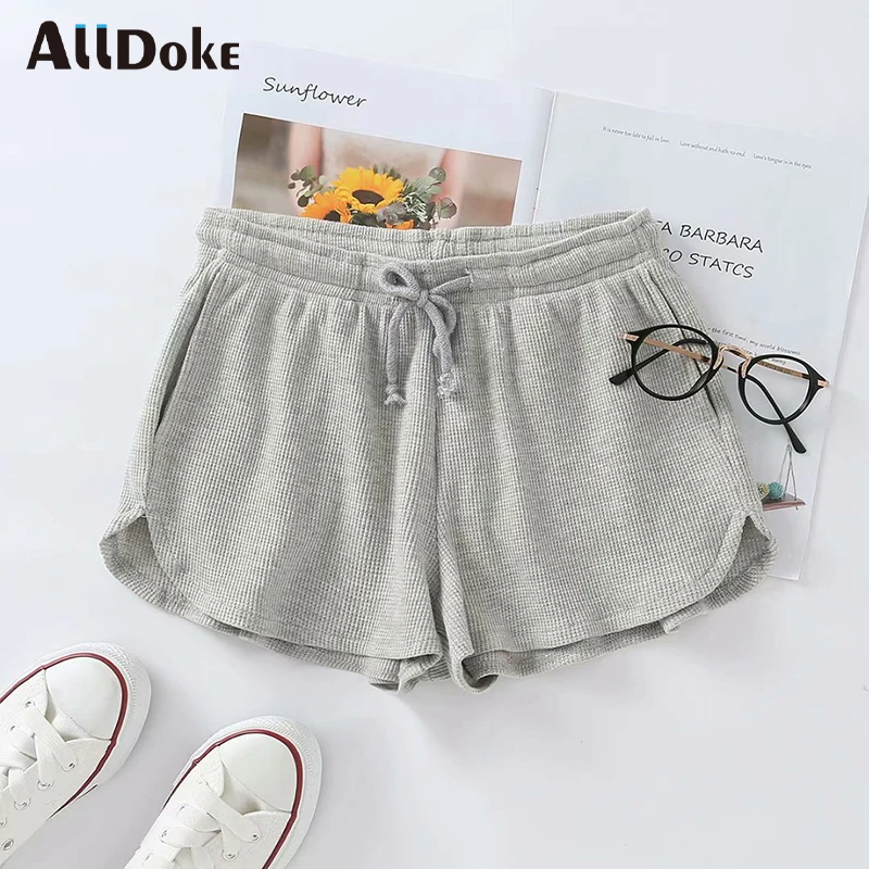 ALLDOKE gray casual high waist shorts women summer streetwear cotton knitted shorts mujer ladies