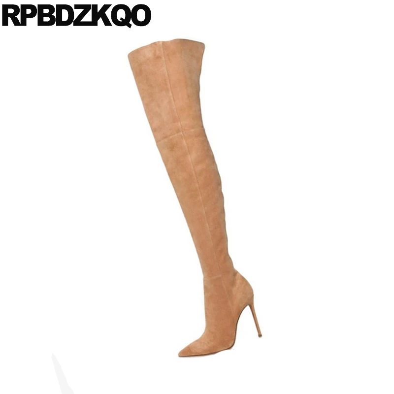 extreme pointed toe high heel slim tall shoes fetish fashion 10 big size stiletto brown over the knee thigh boots for plus women