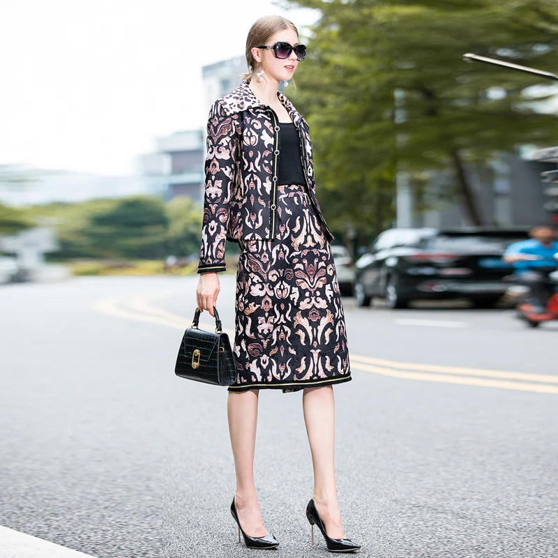 Truevoker Designer Set Suits Women's Long Sleeve Vintage Leopard Printed Embossed Jacket With Pencil Skirt Two Pieces Sets