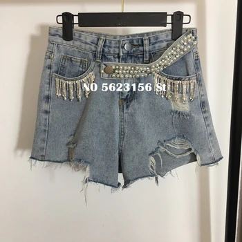 

2020 Summer Denim Shorts Woman High Waist Beading Tassel Pearls Shorts Fashion Womens Female Hole Women Jeans Short