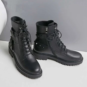 

Luxury brand motorcycles boots women's new winter shoes rivets buckle rock keep warm ankle boots zapatos de mujer