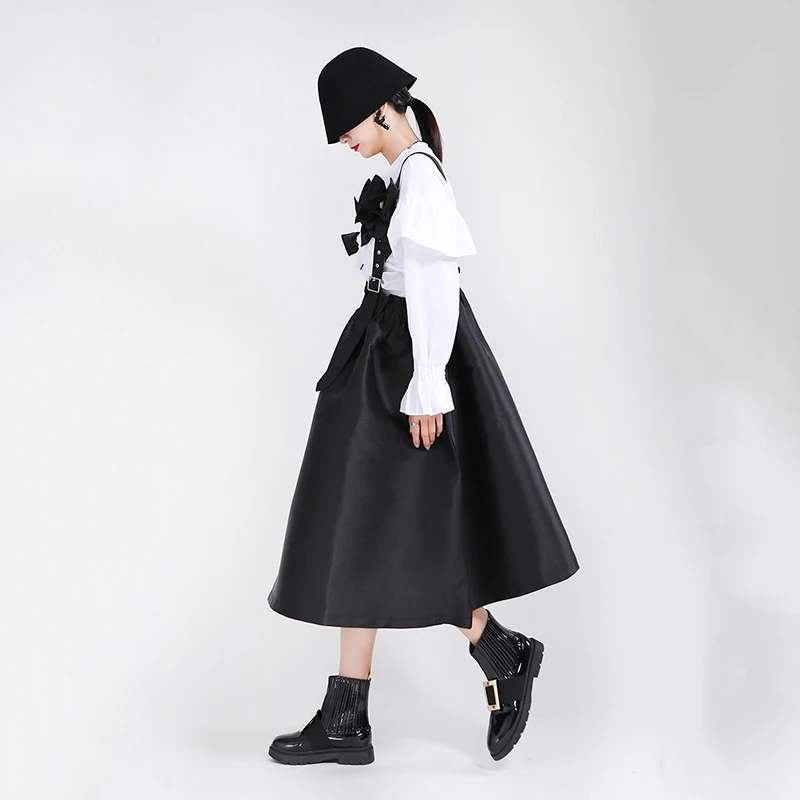 [EAM] Women Black Bow Split Joint Buckle Temperament Dress New Sleeveless Loose Fit Fashion Tide Spring Autumn 2020 1Z663