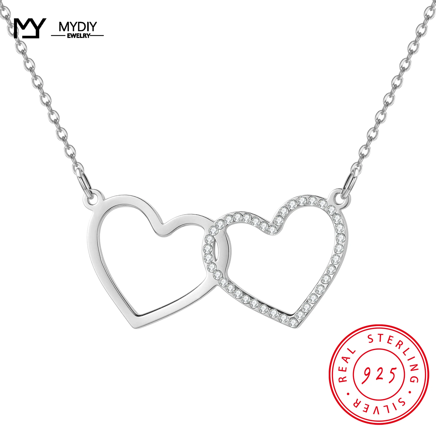 MYDIY Genuine 925 Sterling Silver Necklace Double Heart Pendant For Women Love Silver 925 Jewelry 925 Silver Shiny Full Zircon