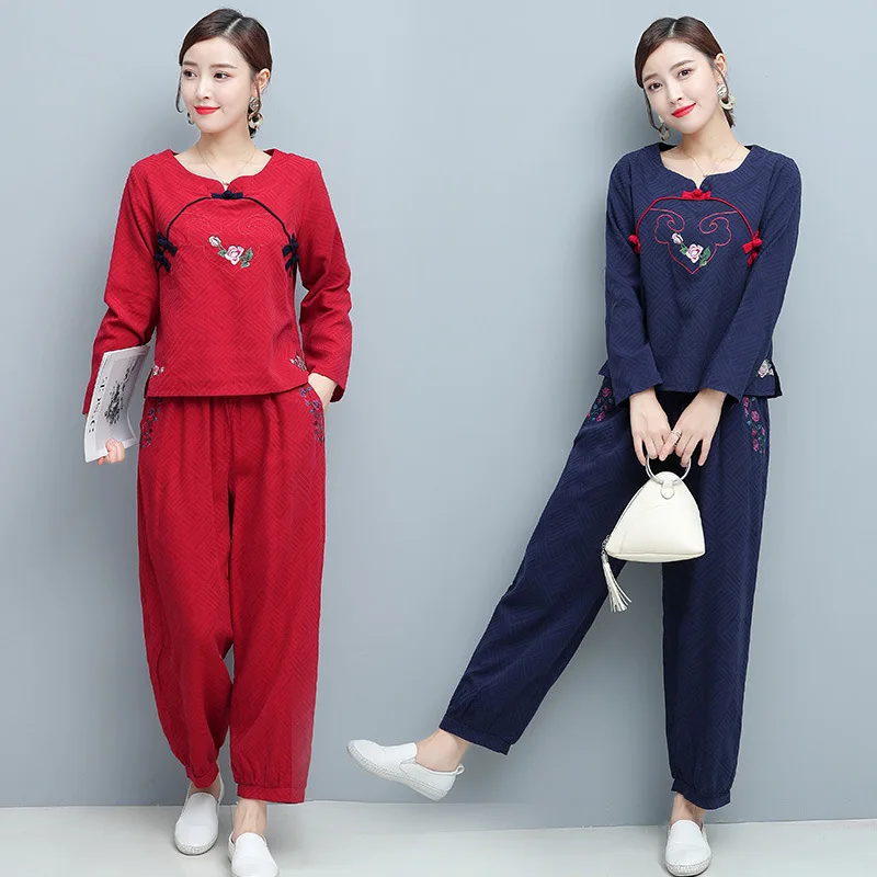 

2019 Autumn New Style Large Size Ethnic-Style Jacquard Embroidered Tops + Loose Pants Two-Piece Set
