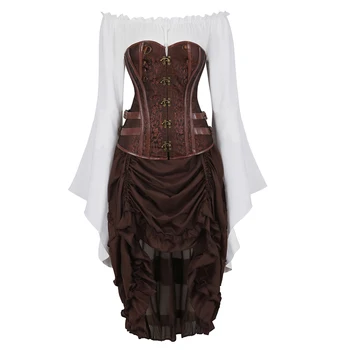 

Grebrafan Steampunk Jacquard Corset Bustiers Faux Leather with Pirate Skirt and Blouse 3 Piece Carnival Dance Party Costume