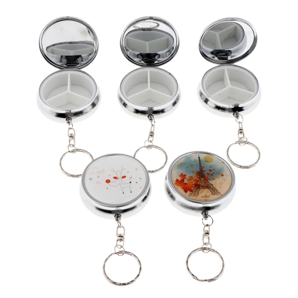 Round Keychain Style Pill Storage Case Travel Portable Box for Makeup Eyeshadow Blusher Nail Art Glitters with 3 Compartments