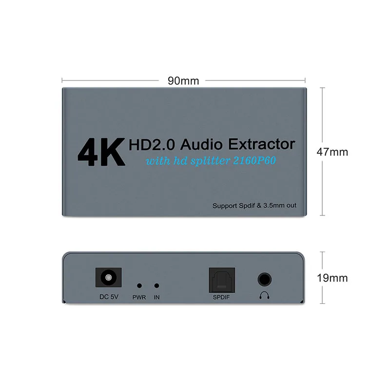 

1x2 HDMI Splitter Spdif 3.5MM Audio Extractor HDMI 2.0 Ultra 4K 1 in 2 Out Ultra Slim HDR 3D Full HD 1080P With power adapter