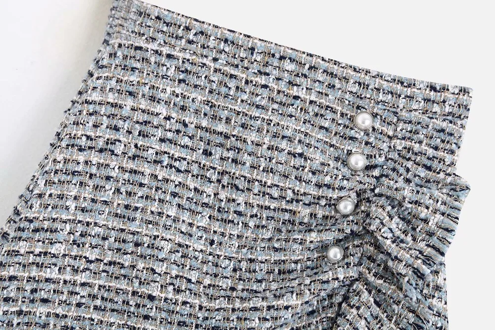 Винтажная твидовая мини-юбка с искусственным жемчугом и фальш-пуговицами, с бахромой, трапециевидная юбка с высокой талией, BBWM9699