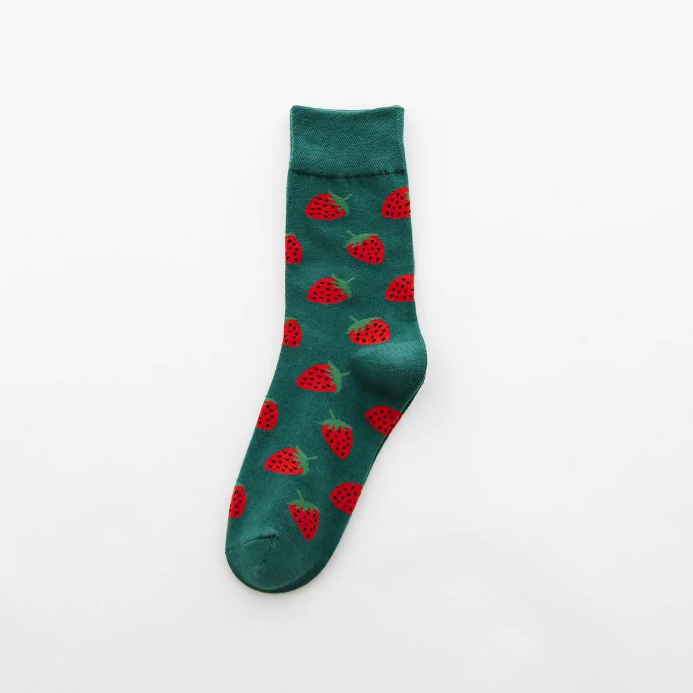 Модные милые носки с фруктами женские Японский Корейский стиль красочные хлопчатобумажные забавные носки для дам высокого качества с клубничкой 113 - Цвет: dark green strawberr