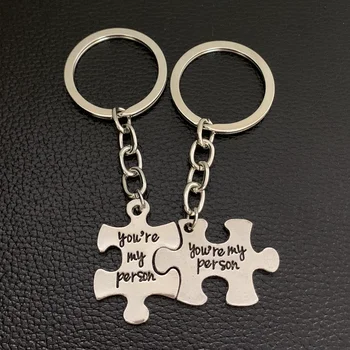 

1 Pair Silver Chic Keychain Keyring Puzzle You're My Person Pendant Keychain Bag Key Chain Valentine's Day Gift