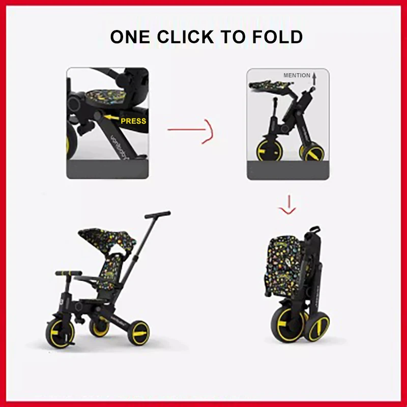IMBABY Children Scooter 7-In-1 Toddler Sunshade Pedal Tricycle With Backrest&Push Rod Folding Infant Stroller Gift for 1-6Y Kids