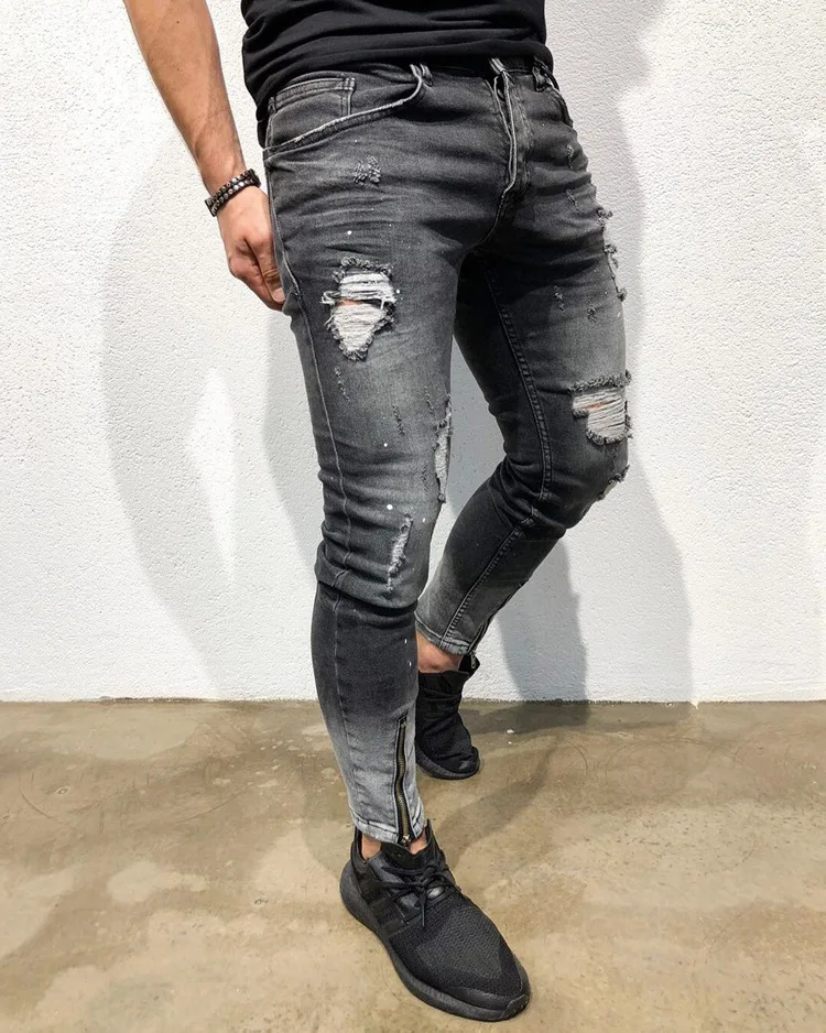 Мужские черные рваные джинсы Homme Популярные трендовые зауженные джинсы в стиле хип-хоп длинные штаны для всех сезонов обтягивающие брюки
