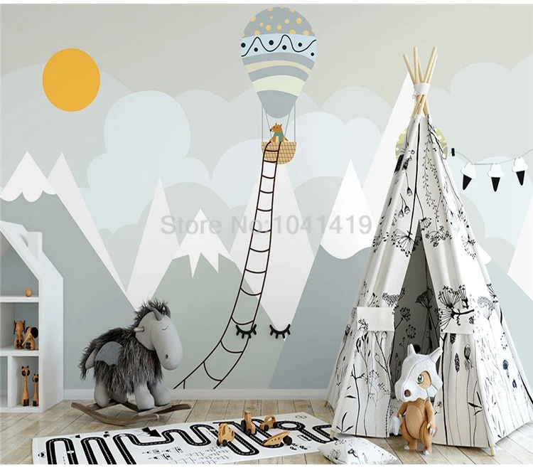 papel de parede personalizado moderno balão de ar quente pintado mão mural de parede para quarto de crianças