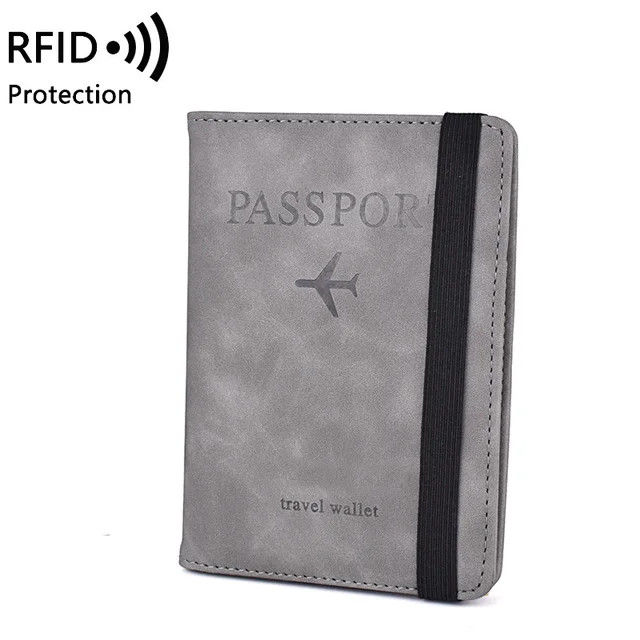 Elastic Band Leather Passport Cover RFID Blocking For Cards Travel Passport Holder Wallet Document Organizer Case Men Women gray