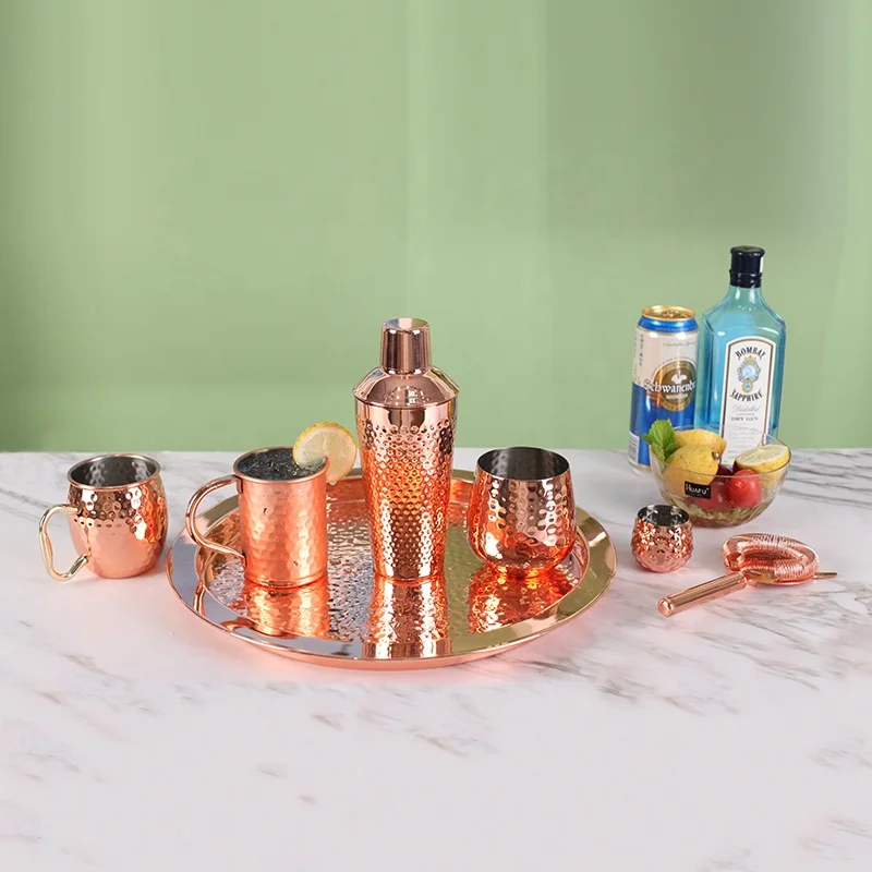 Classical 6pcs stainless steel barware home bar tool set with copper tray