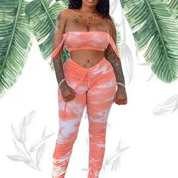 

White Pink 2 Two Piece Set Women Suit Club Summer Outfits Tie Dye Crop Top and Stacked Pants Female Tracksuit Matching Set