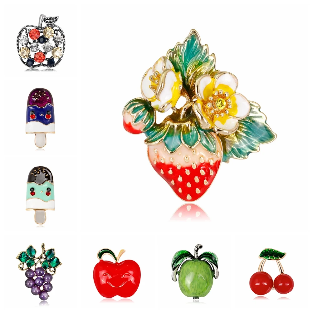 

High Quality Brooches Food Fruit Enamel Rhinestones Food Fruit Apple Grape Pineapple Cherry Strawberry Ice Cream Brooch Pins