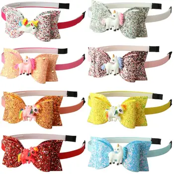 

free shipping 8pcs 3.5”Girls Glitter colorful Bow Cute Unicorn Headbands Children Headwear Photo Props Party Hair Hoop Hairband