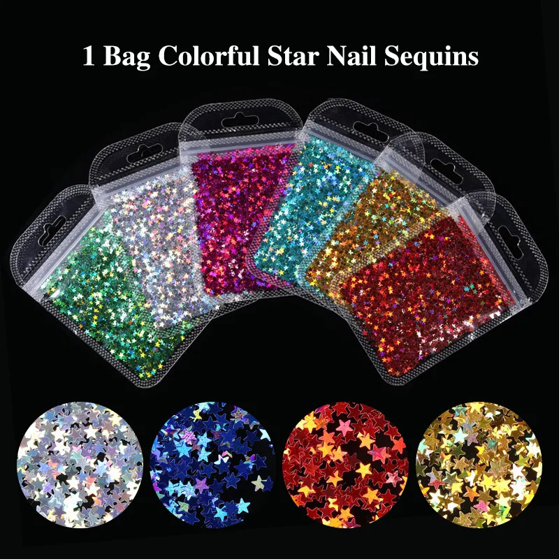 

5g Holographic Colorful Laser Star Shape Nails Art Decoration Sparkly 3D Gold silver Sequins Spangles Polish Nails Accessories