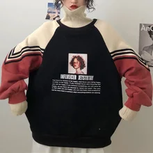 Женские толстовки с высоким воротом больших размеров с принтом; бархатная утепленная толстовка; женские осенние теплые пуловеры в стиле Харадзюку в стиле пэчворк