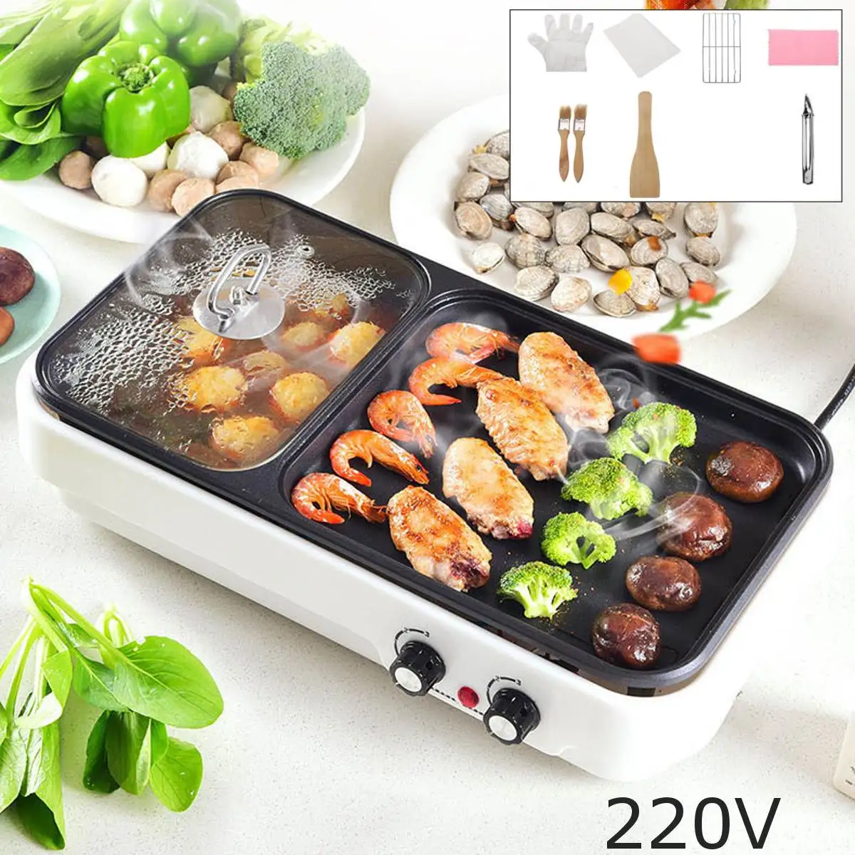 

Multi Cooker Smokeless Electric Hot Pot BBQ pan Non-Stick Table Electric Shabu Heating Pot Temperature control 220V 1-4 people