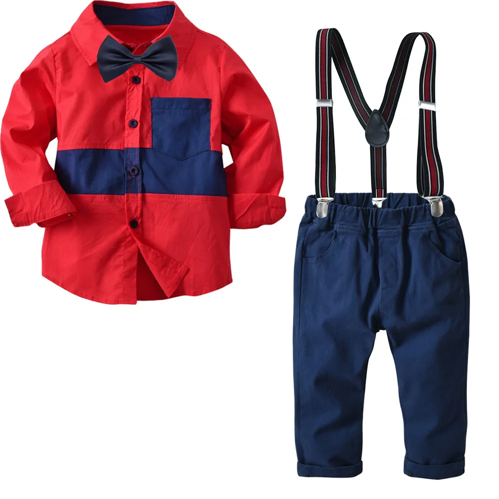 

2019 Autumn New Style BOY'S Suit Children Clothing British Style Shirt Elasticity Woven Suspender Pants Wholesale