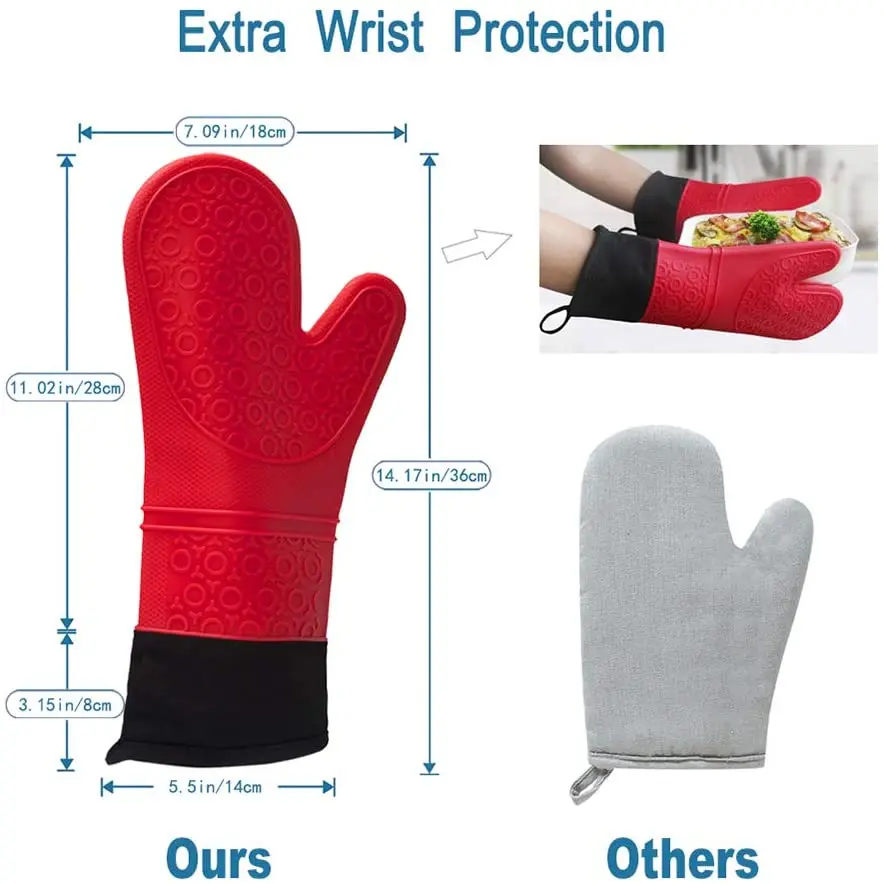 1 Professional Oven Gloves Heat Resistant Silicone Gloves Oven Mitts Non-Slip Cooking Barbecue Gants With Soft Inner Lining