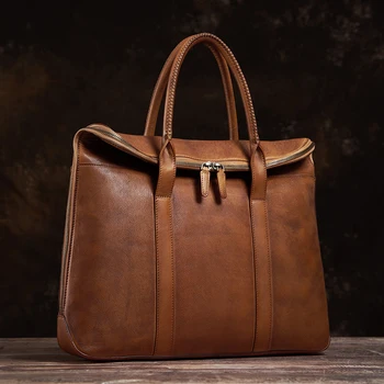 

Genuine Leather Vintage Man Handbag Briefcase Men Shoulder Brown High Quality Business Fashion 15 Inch Laptop Office Bag 2020
