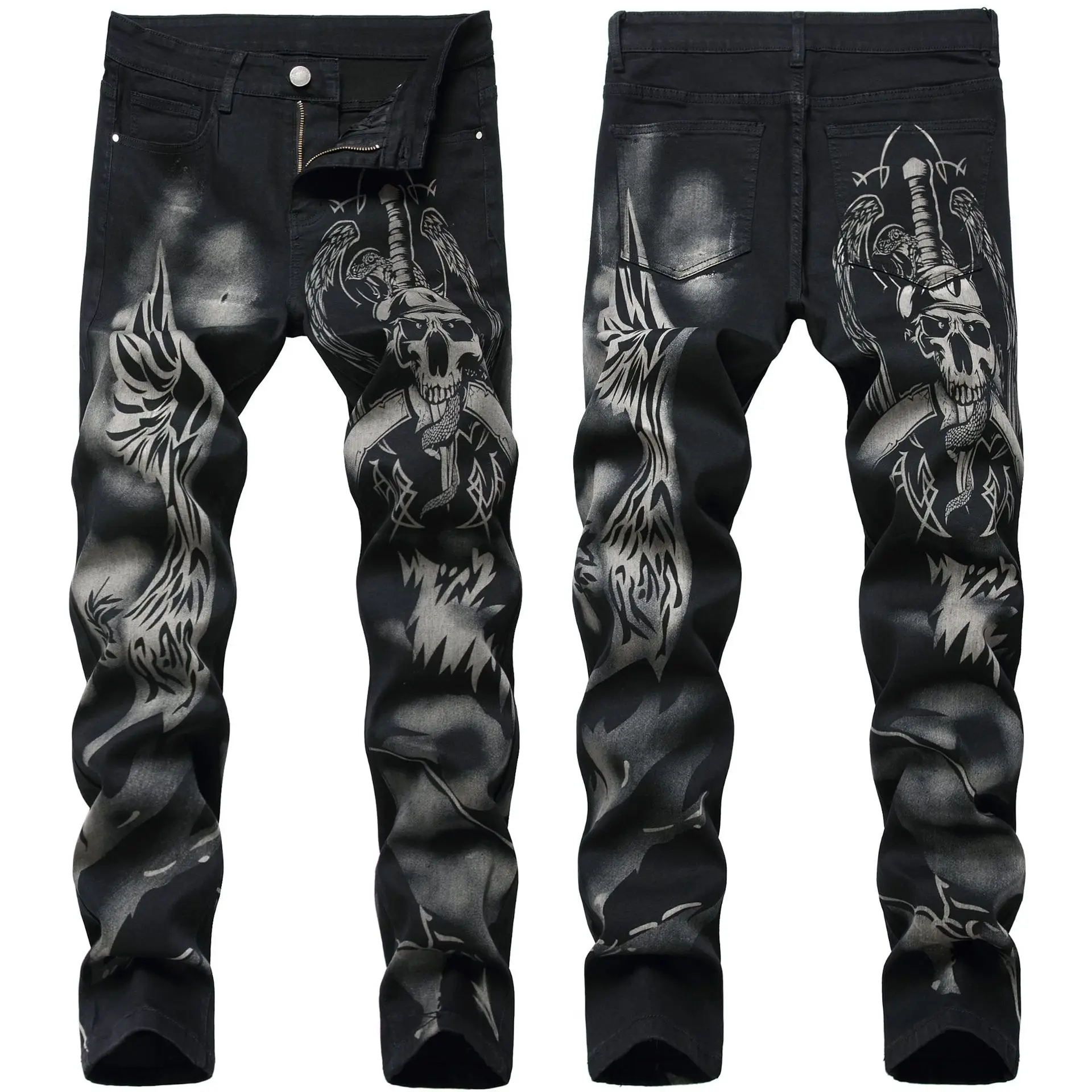 Diseño de los hombres de los pantalones vaqueros de moda Micro-elásticas nuevas estilo patrón impreso negro Jeans lápiz algodón Pantalones Hombre Original de