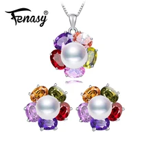FENASY 925 Серебряные украшения с жемчугом Наборы натуральный жемчуг серьги гвоздики для женщин Романтический Красочный цветок кулон ожерелье