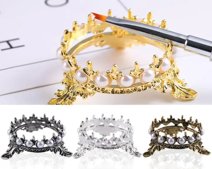 

100pcs Gold Metal Nail Brush Pen Rack Stand Holder Glitter Crown Pearl Manicure Nail Art Tools Pen Showing Shelf SN773