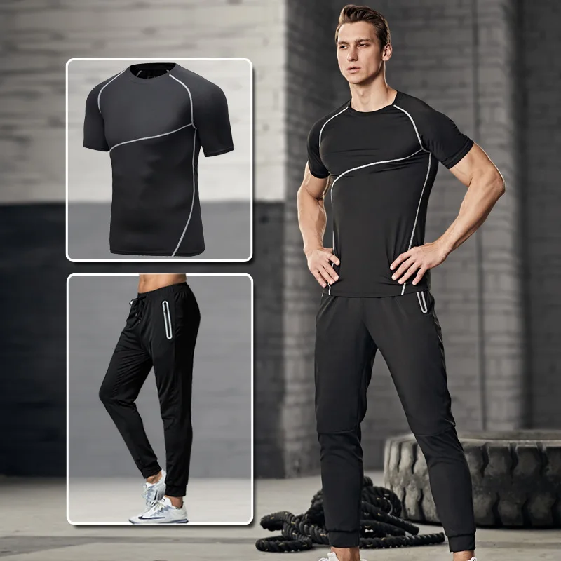 Летний костюм для фитнеса, мужской, короткий рукав, эластичный, два предмета, стиль, для бега, тонкая футболка, спортивная одежда, Капри, штаны