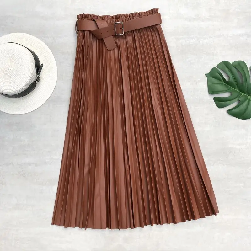 Neophil Women PU Faux Leather Runched Belt Skirts Paperbag Bud Waist Wavy Pleated Latex Crinkle Female Winter Long Skirt S21803