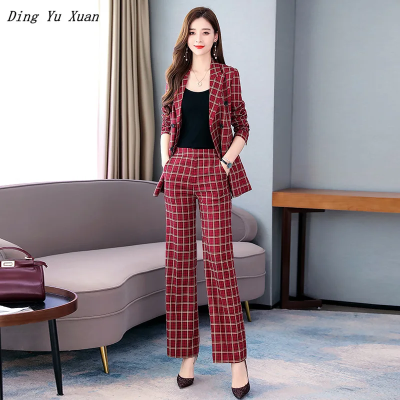 OL Temperament Elegant Red Plaid Women Office Work Suits Double Breasted Blazer Jacket and Wide Leg Pant 2 Piece Set Suite Women