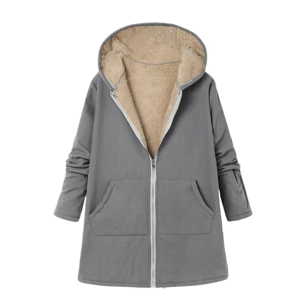 JAYCOSIN ladies large size jacket zipper hooded plus solid long composite plush casual fashion coat warm loose autumn and winter