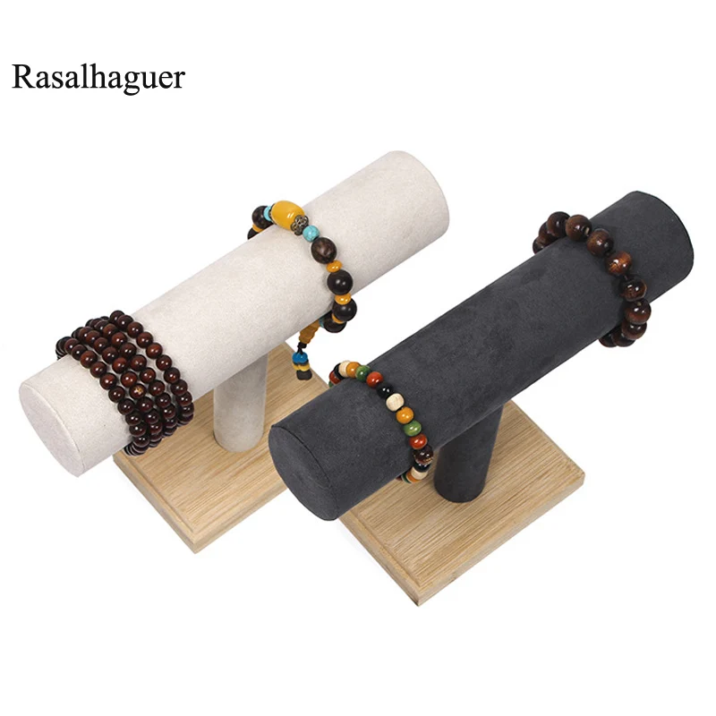 New Bamboo Single T-Bar Rack Bracelets Watches Bangles Necklace Jewelley Display Holder Stand Velvet Jewelry Organizer Wholesale