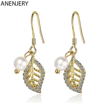 

ANENJERY Hollow Gold Leaf Cubic Zircon Drop Earrings 925 Sterling Silver Gold Color Pearl Ear Jewelry For Women Gifts S-E1113